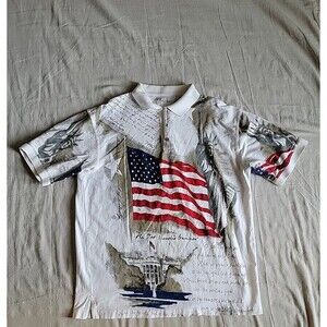 American Summer Clothing Co Mens L Shirt Polo AOP Flag Statue Liberty 2 Sided